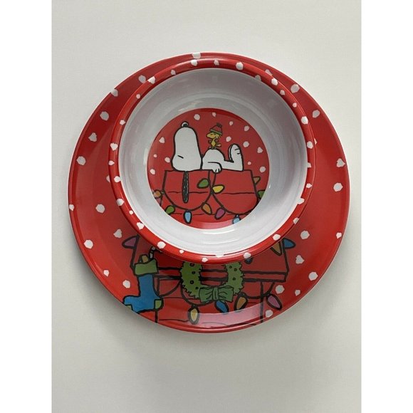 Peanuts Snoopy & Woodstock Melamine Christmas Holiday Plate and Bowl Set - Picture 5 of 9